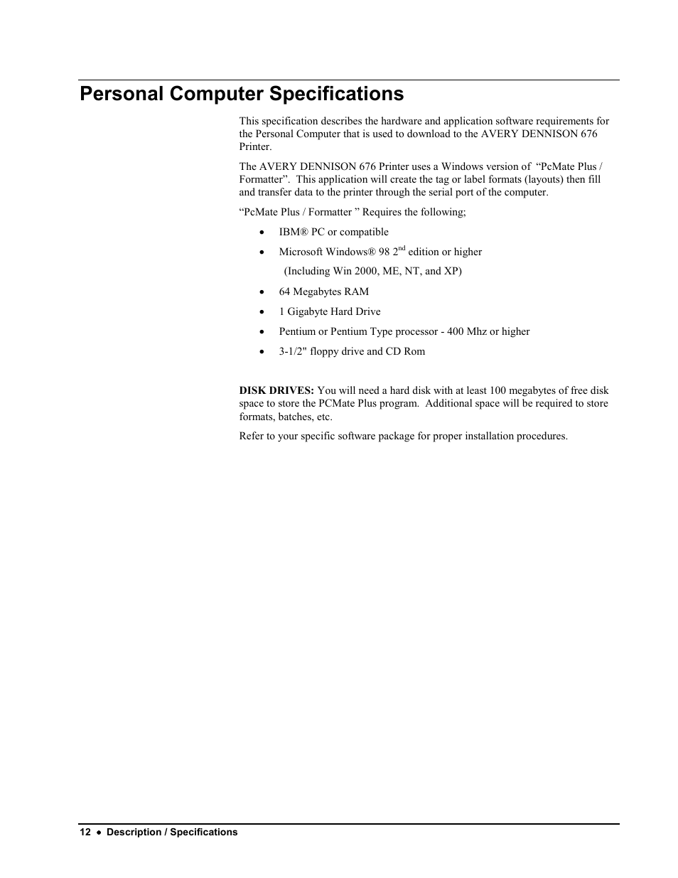 Personal computer specifications | Avery Dennison 676 User Manual | Page 12 / 129