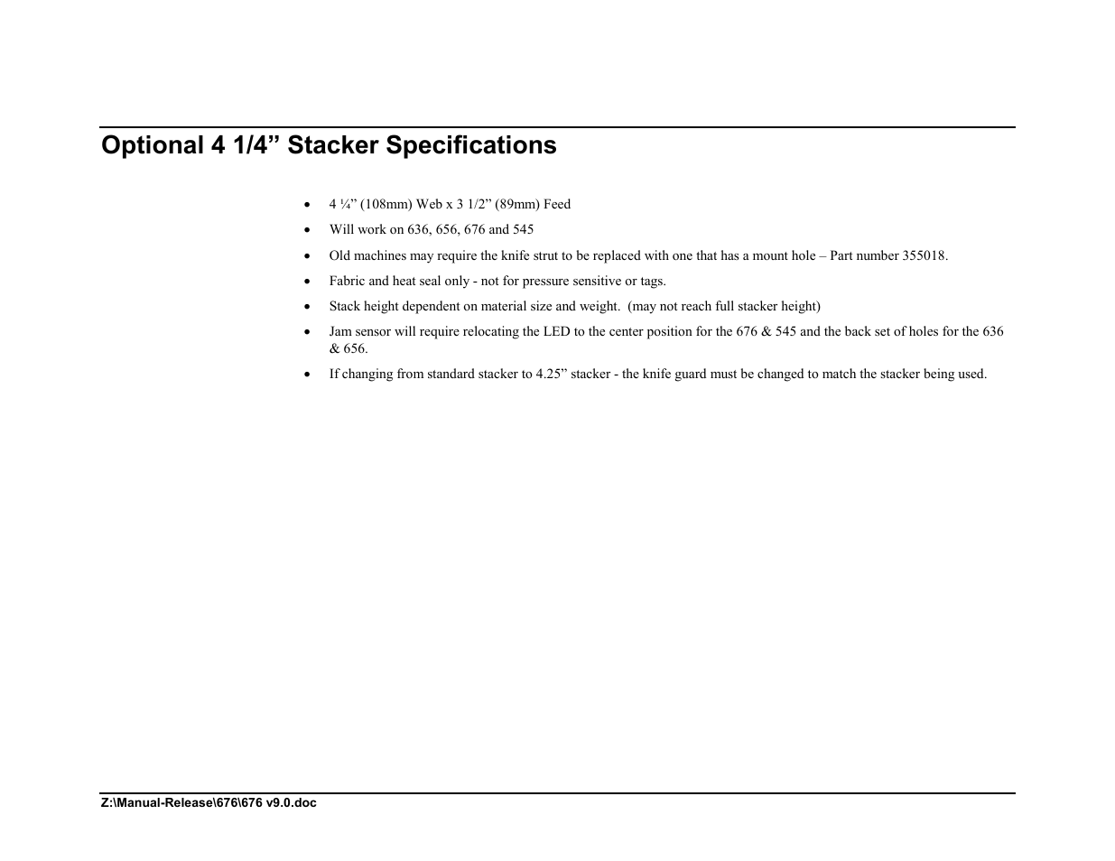 Optional 4 1/4” stacker specifications | Avery Dennison 676 User Manual | Page 121 / 129
