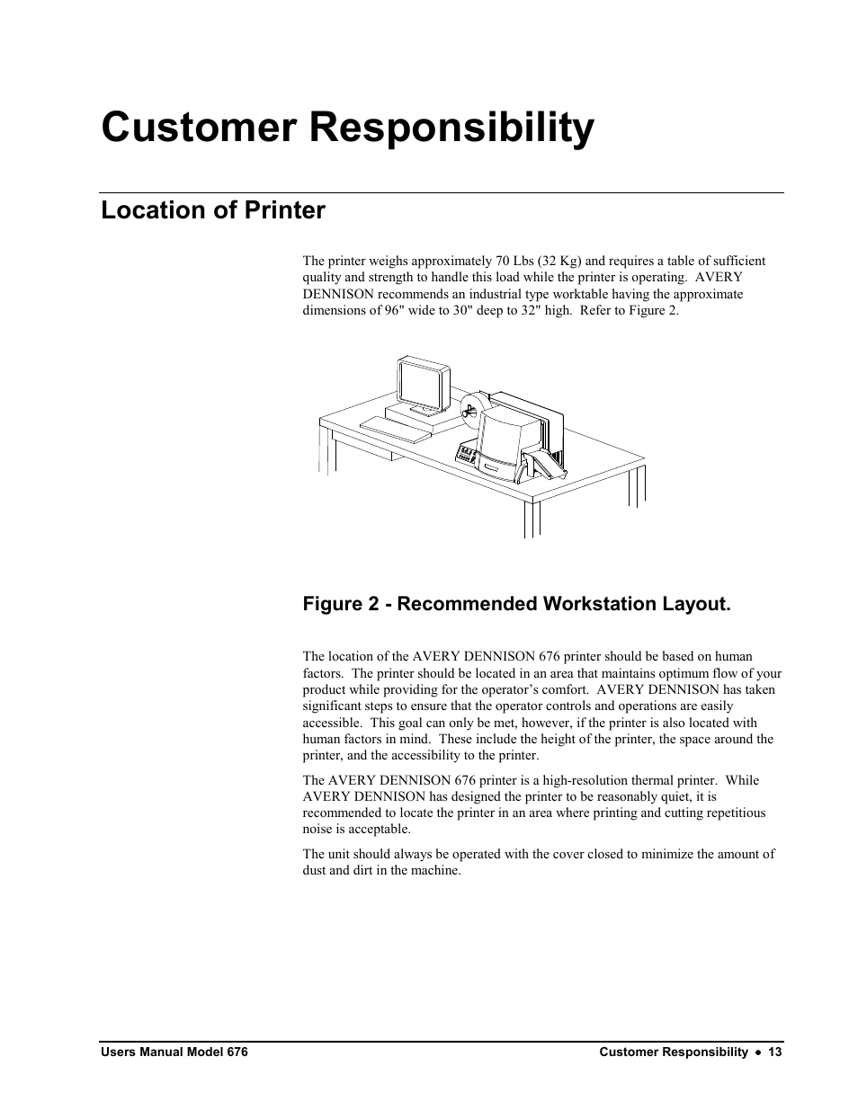 Customer responsibility, Location of printer | Avery Dennison 676 User Manual | Page 13 / 129