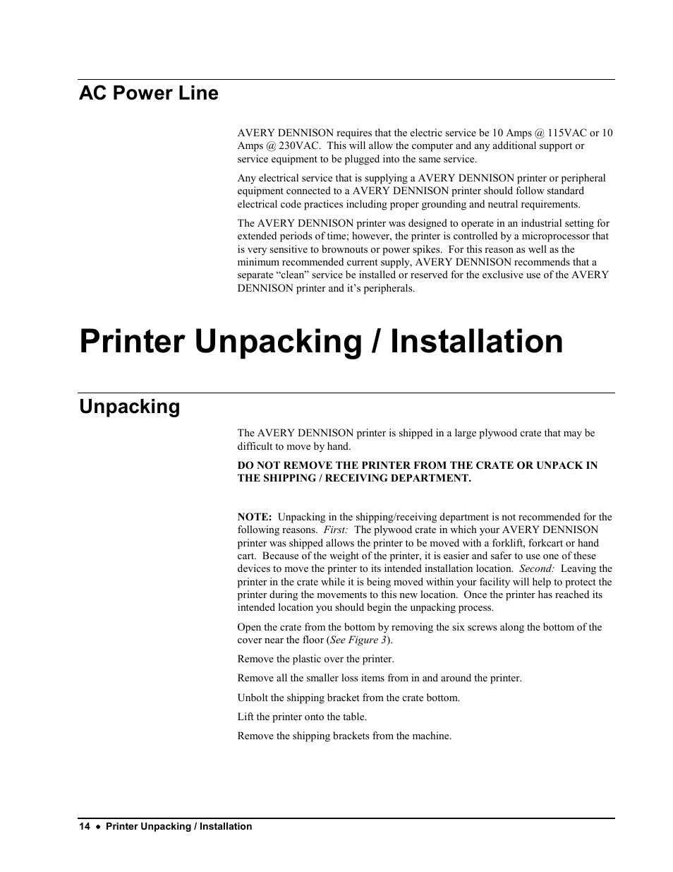 Printer unpacking / installation, Ac power line, Unpacking | Avery Dennison 676 User Manual | Page 14 / 129