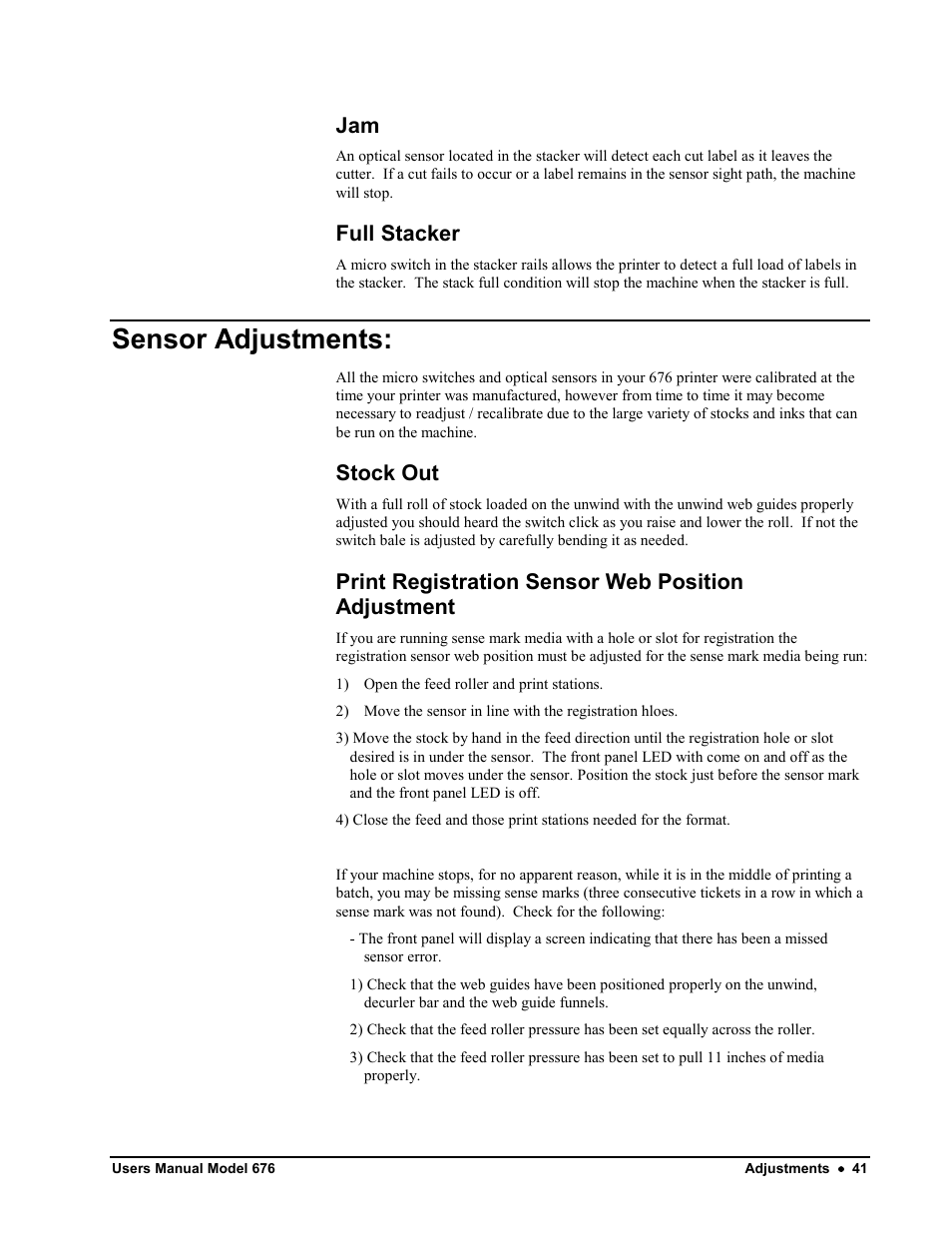 Sensor adjustments, Full stacker, Stock out | Print registration sensor web position adjustment | Avery Dennison 676 User Manual | Page 41 / 129