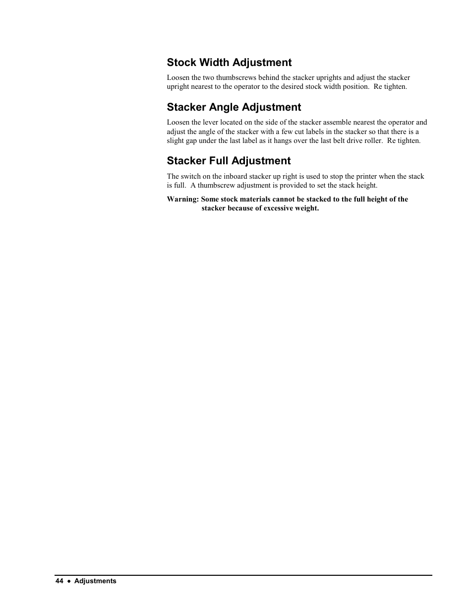 Stock width adjustment, Stacker angle adjustment, Stacker full adjustment | Avery Dennison 676 User Manual | Page 44 / 129