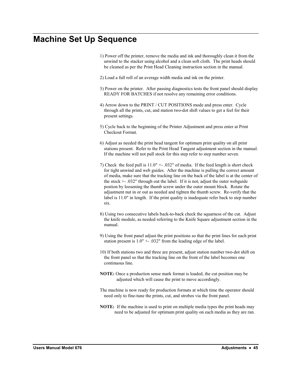 Machine set up sequence | Avery Dennison 676 User Manual | Page 45 / 129