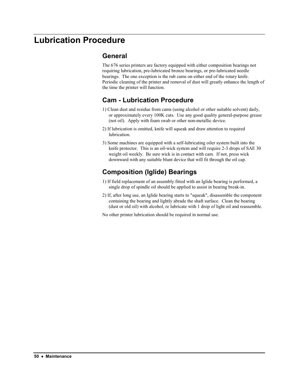 Lubrication procedure, General, Cam - lubrication procedure | Composition (iglide) bearings | Avery Dennison 676 User Manual | Page 50 / 129