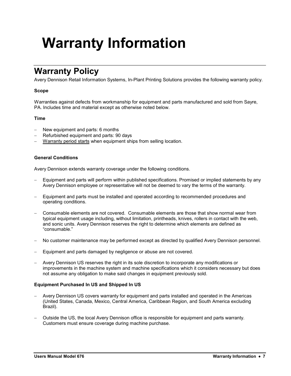 Warranty information, Warranty policy | Avery Dennison 676 User Manual | Page 7 / 129