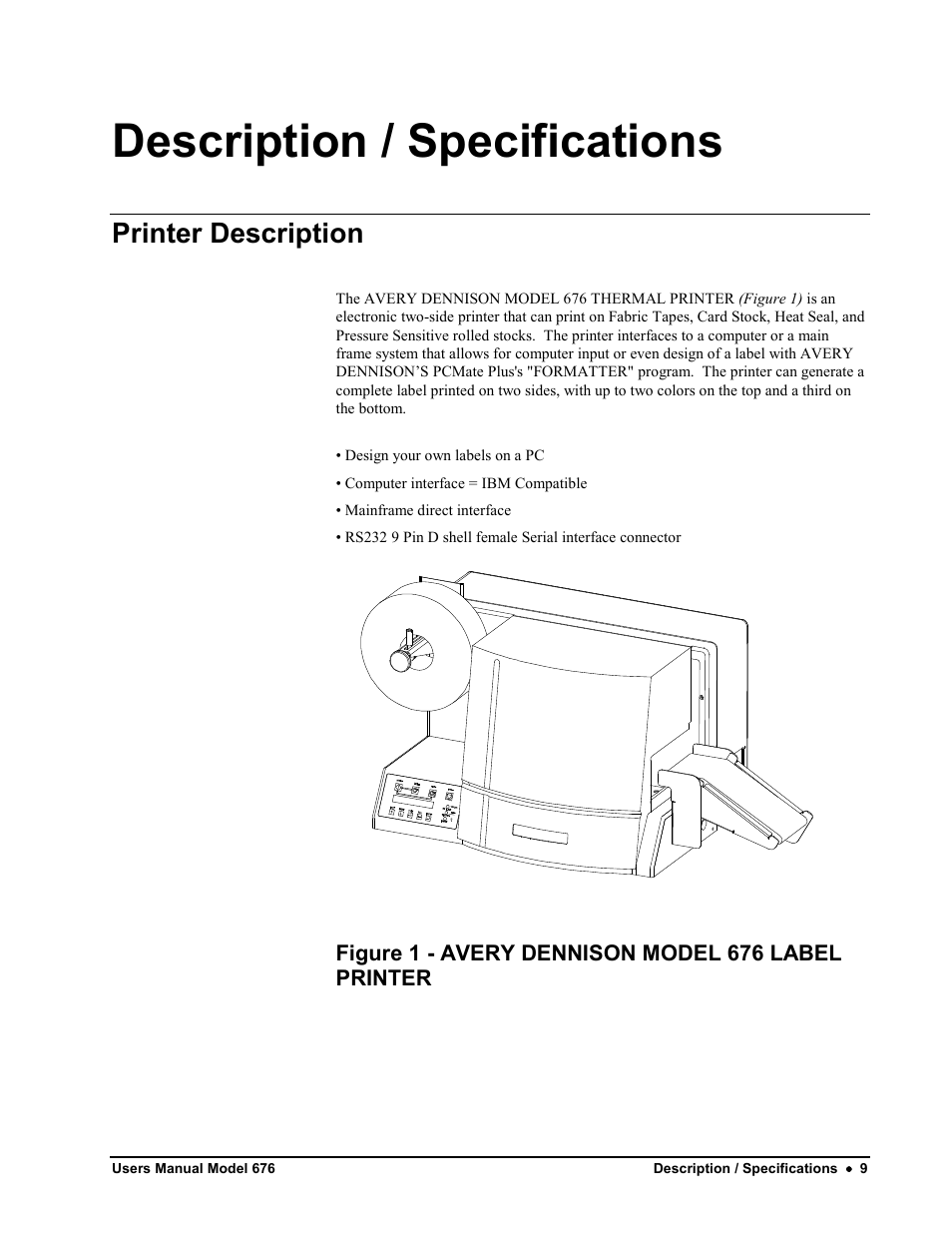 Description / specifications, Printer description | Avery Dennison 676 User Manual | Page 9 / 129