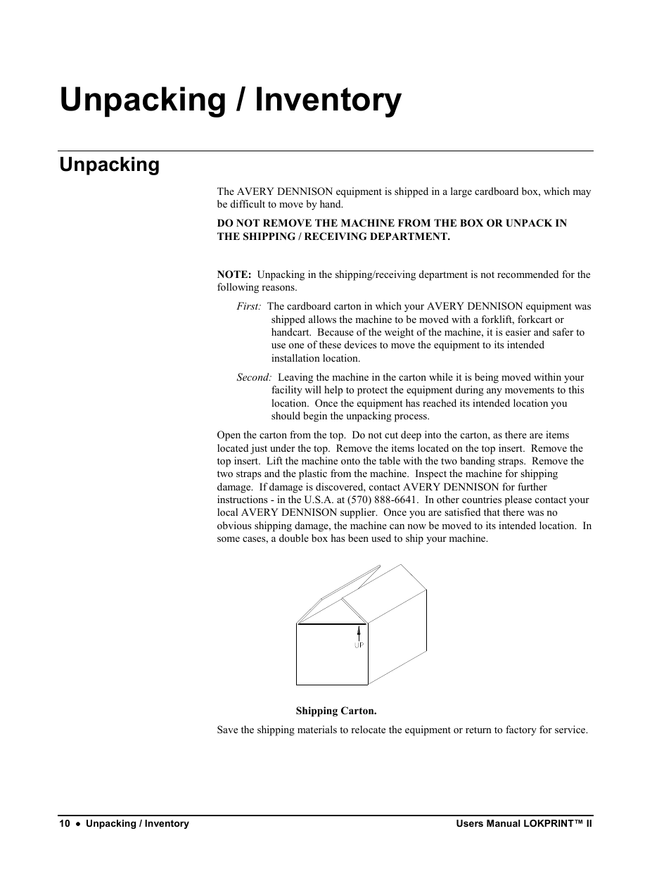 Unpacking / inventory, Unpacking | Avery Dennison LOKPRINT II User Manual | Page 10 / 51