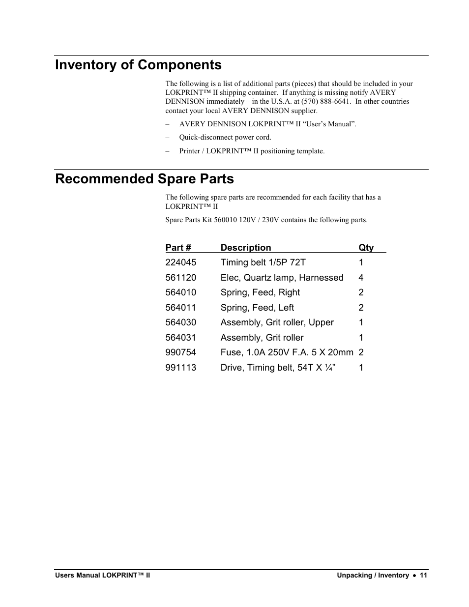 Inventory of components, Recommended spare parts | Avery Dennison LOKPRINT II User Manual | Page 11 / 51