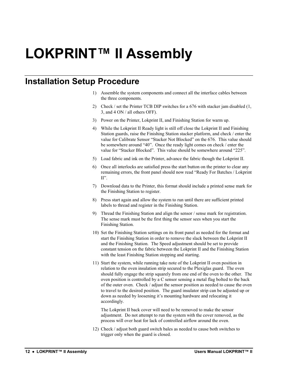 Lokprint™ ii assembly, Installation setup procedure | Avery Dennison LOKPRINT II User Manual | Page 12 / 51