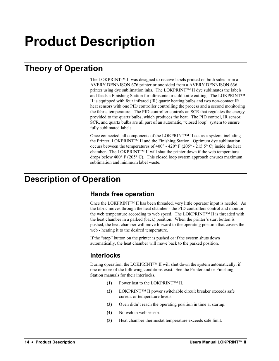 Product description, Theory of operation, Description of operation | Avery Dennison LOKPRINT II User Manual | Page 14 / 51