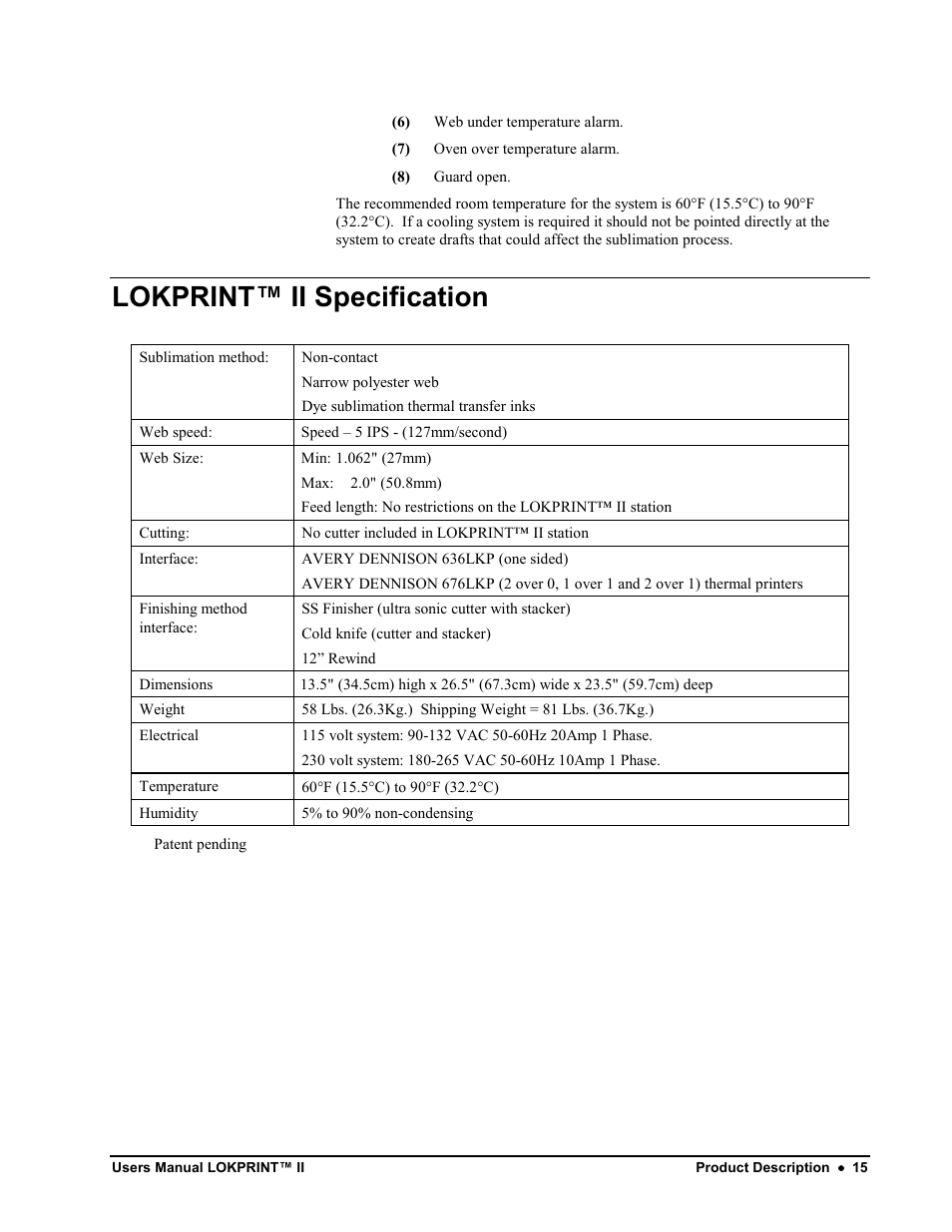 Lokprint™ ii specification | Avery Dennison LOKPRINT II User Manual | Page 15 / 51