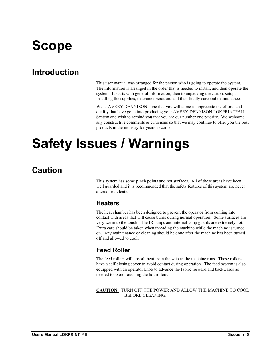 Scope, Safety issues / warnings, Introduction | Caution | Avery Dennison LOKPRINT II User Manual | Page 5 / 51