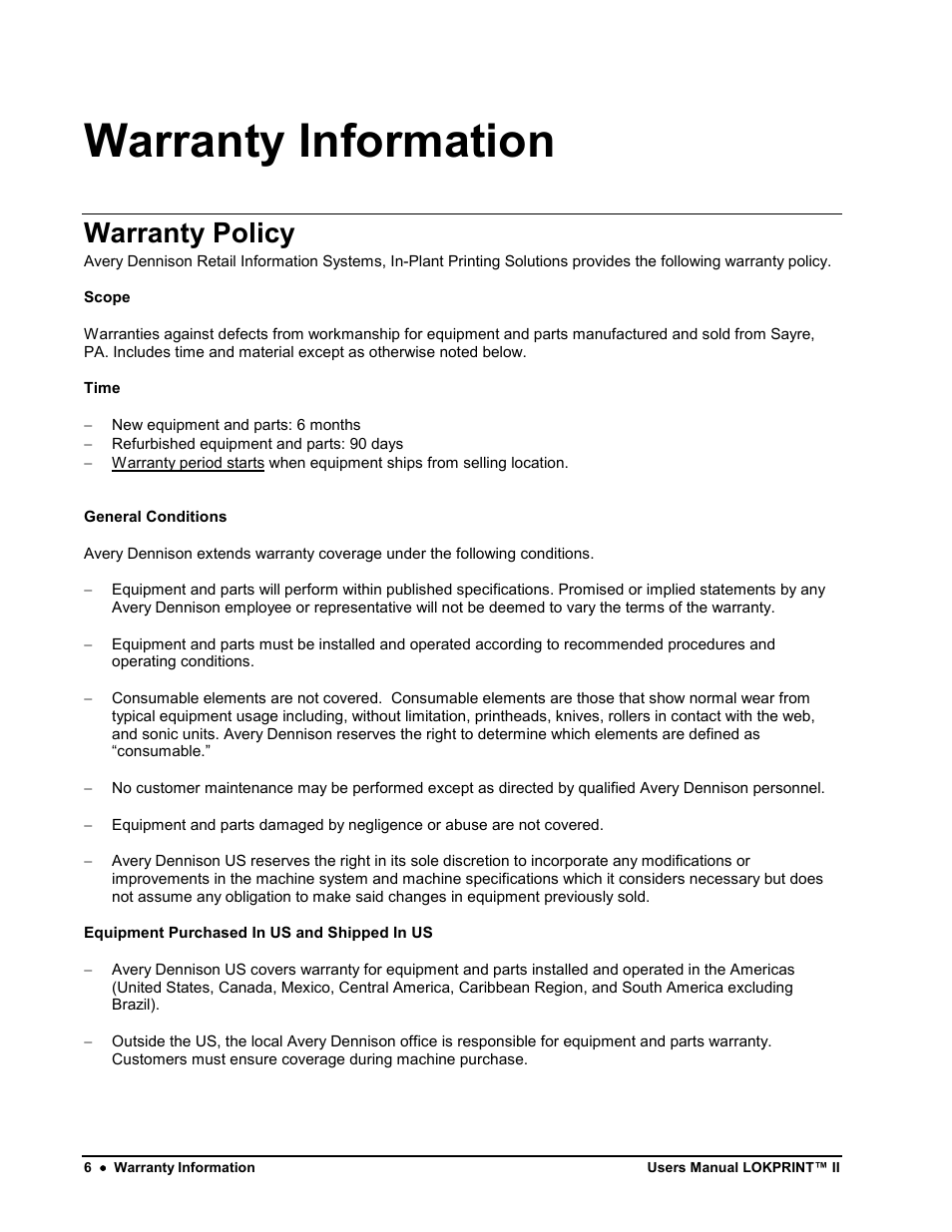 Warranty information, Warranty policy | Avery Dennison LOKPRINT II User Manual | Page 6 / 51