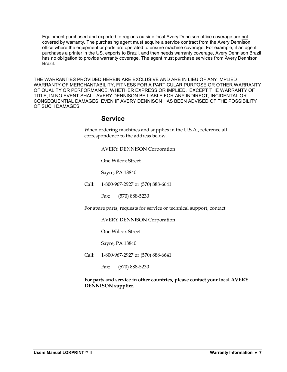 Service | Avery Dennison LOKPRINT II User Manual | Page 7 / 51
