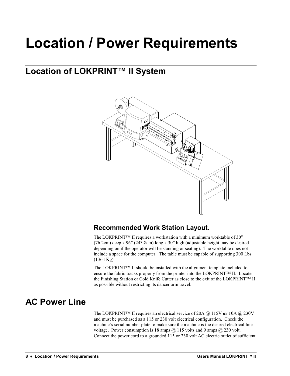 Location / power requirements, Location of lokprint™ ii system, Ac power line | Avery Dennison LOKPRINT II User Manual | Page 8 / 51