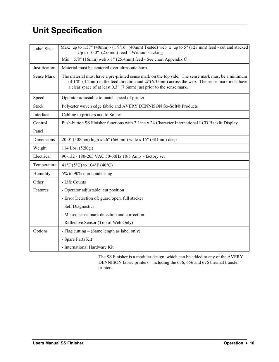 Unit specification | Avery Dennison SS Finisher User Manual | Page 10 / 65