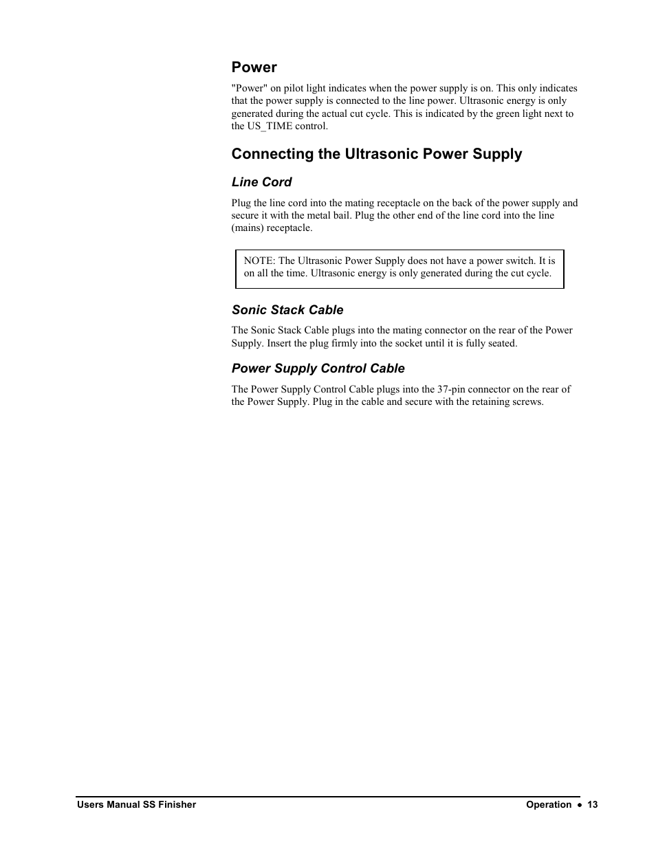 Power, Connecting the ultrasonic power supply | Avery Dennison SS Finisher User Manual | Page 13 / 65