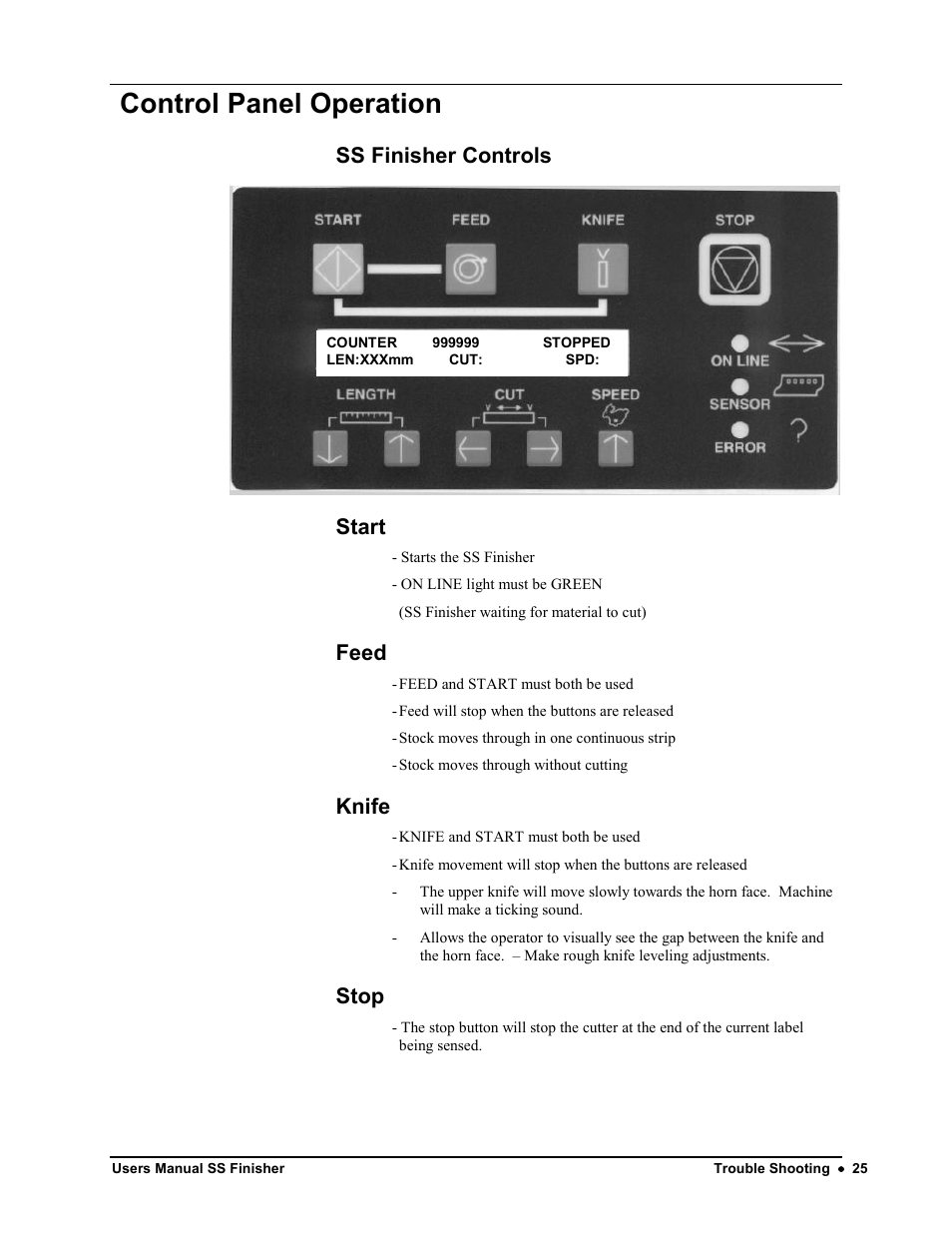 Control panel operation, Ss finisher controls, Start | Feed, Knife, Stop | Avery Dennison SS Finisher User Manual | Page 25 / 65