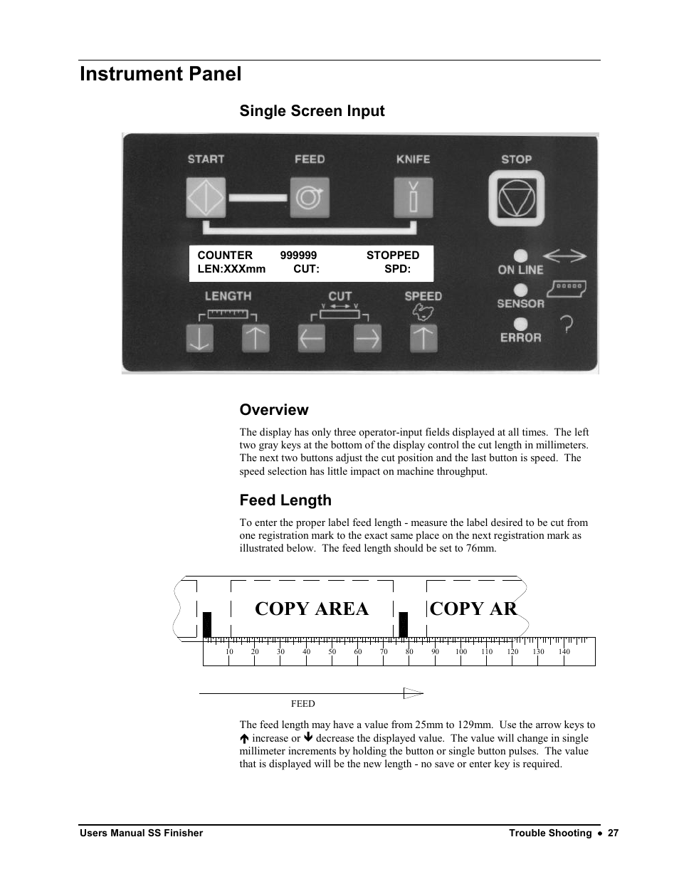 Instrument panel, Copy area copy ar, Single screen input | Overview, Feed length | Avery Dennison SS Finisher User Manual | Page 27 / 65