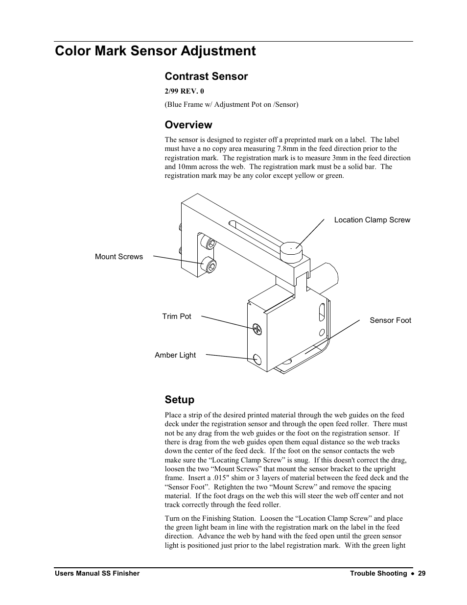 Color mark sensor adjustment, Contrast sensor, Overview | Setup | Avery Dennison SS Finisher User Manual | Page 29 / 65