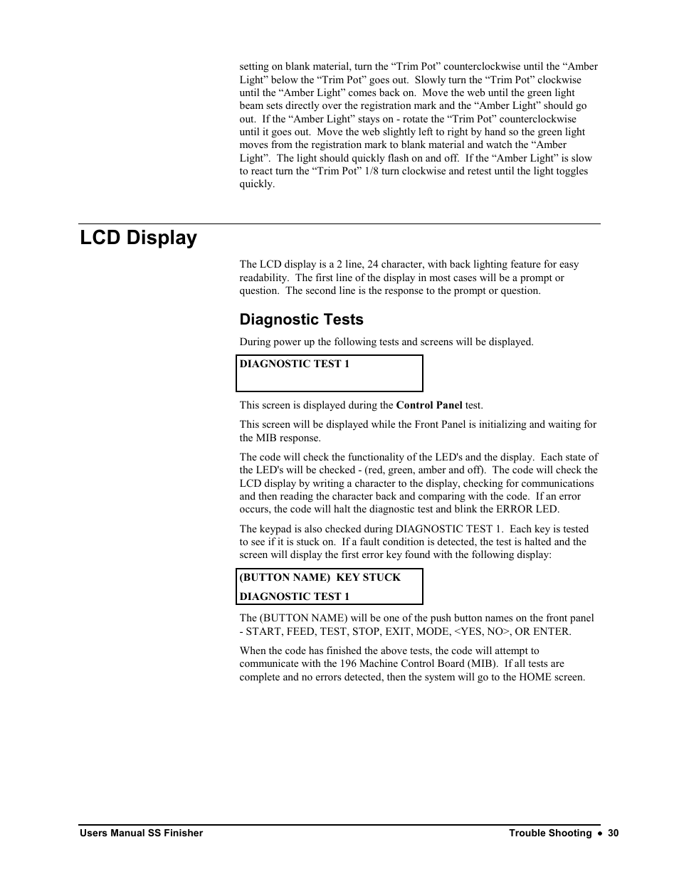 Lcd display, Diagnostic tests | Avery Dennison SS Finisher User Manual | Page 30 / 65