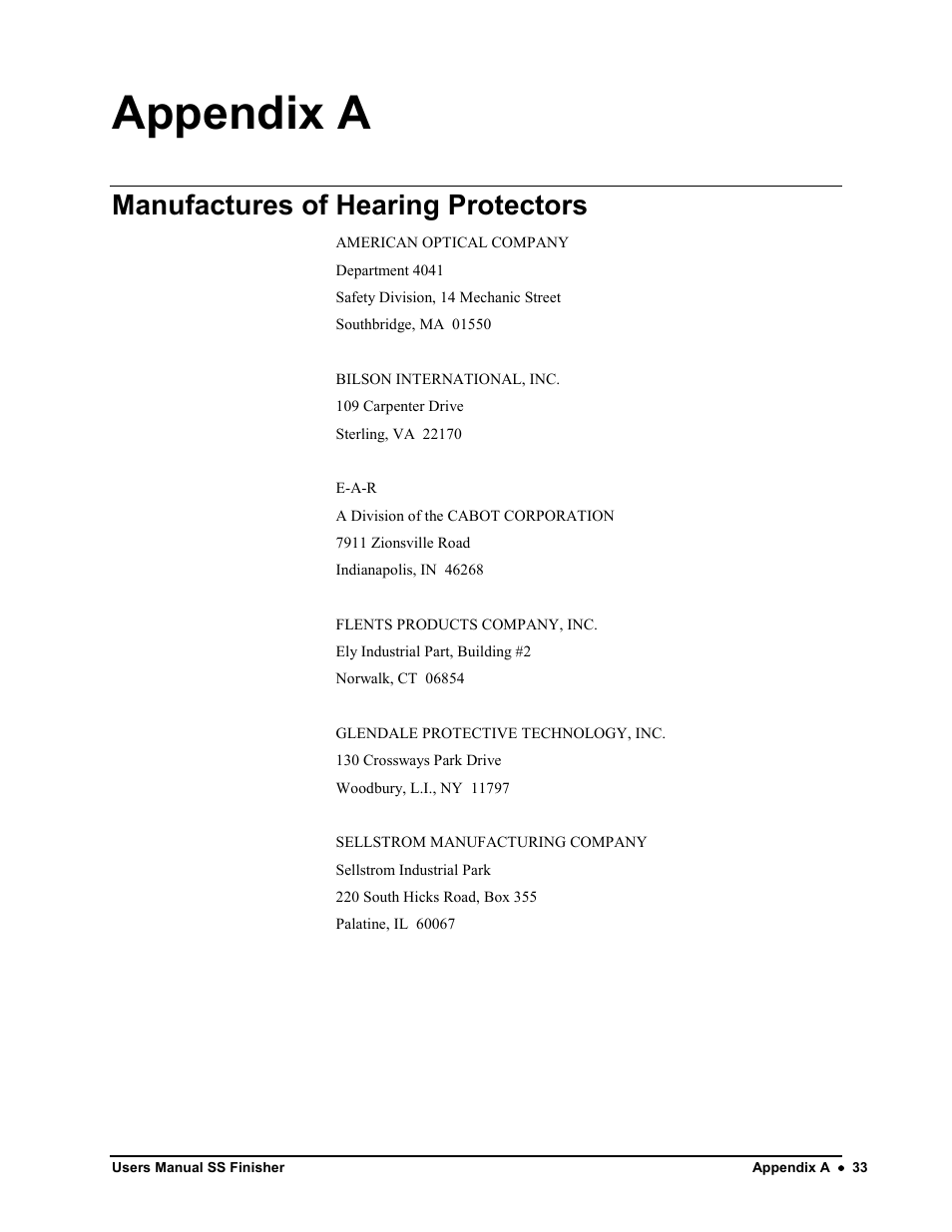 Appendix a, Manufactures of hearing protectors | Avery Dennison SS Finisher User Manual | Page 33 / 65