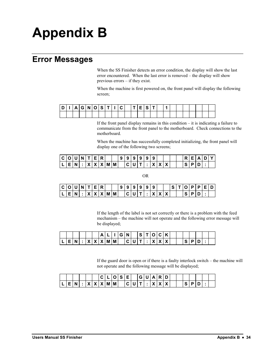 Appendix b, Error messages | Avery Dennison SS Finisher User Manual | Page 34 / 65