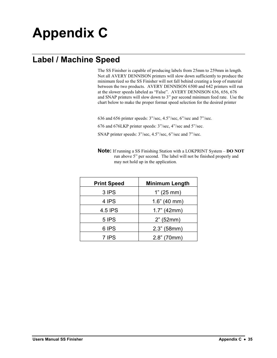 Appendix c, Label / machine speed | Avery Dennison SS Finisher User Manual | Page 35 / 65