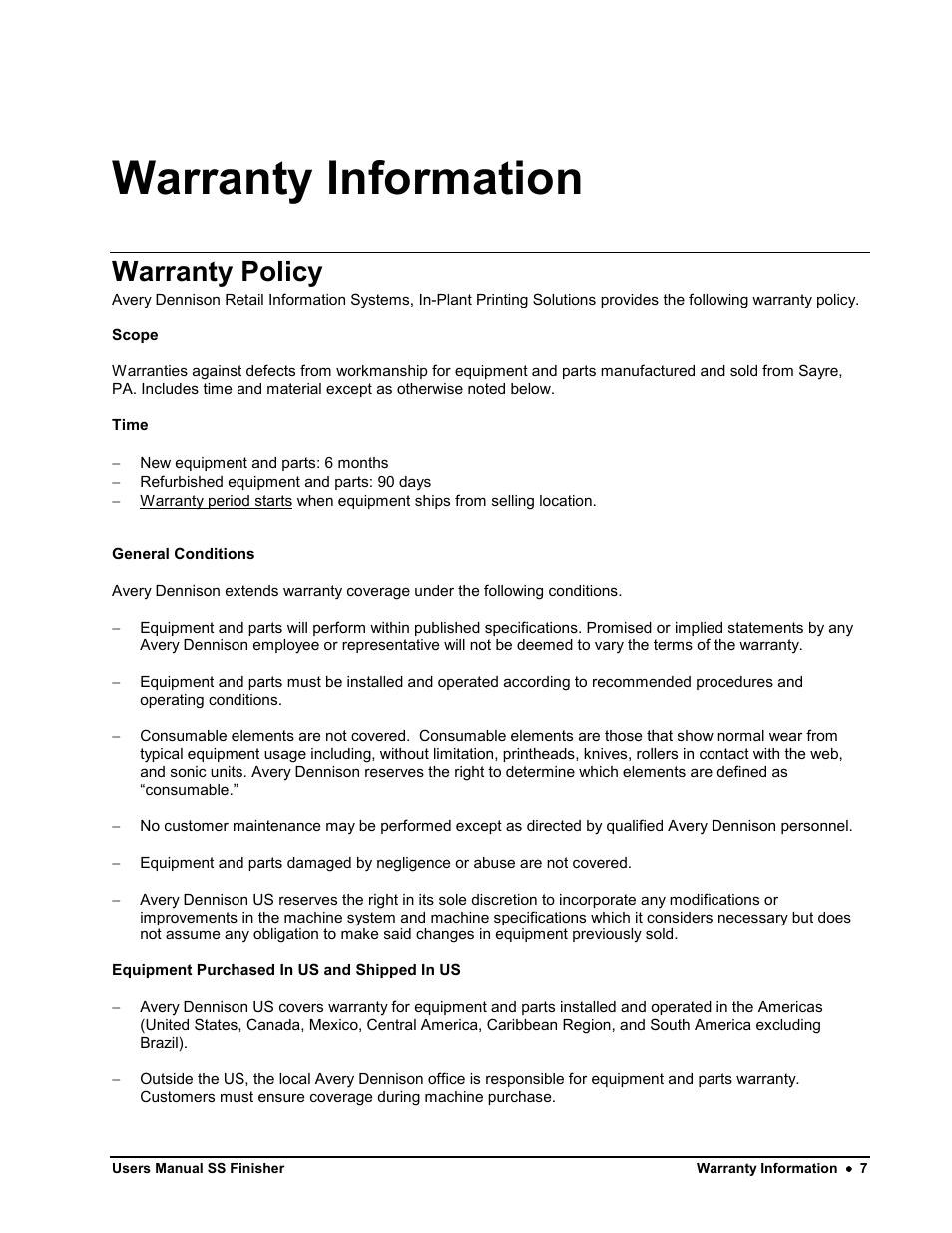 Warranty information, Warranty policy | Avery Dennison SS Finisher User Manual | Page 7 / 65