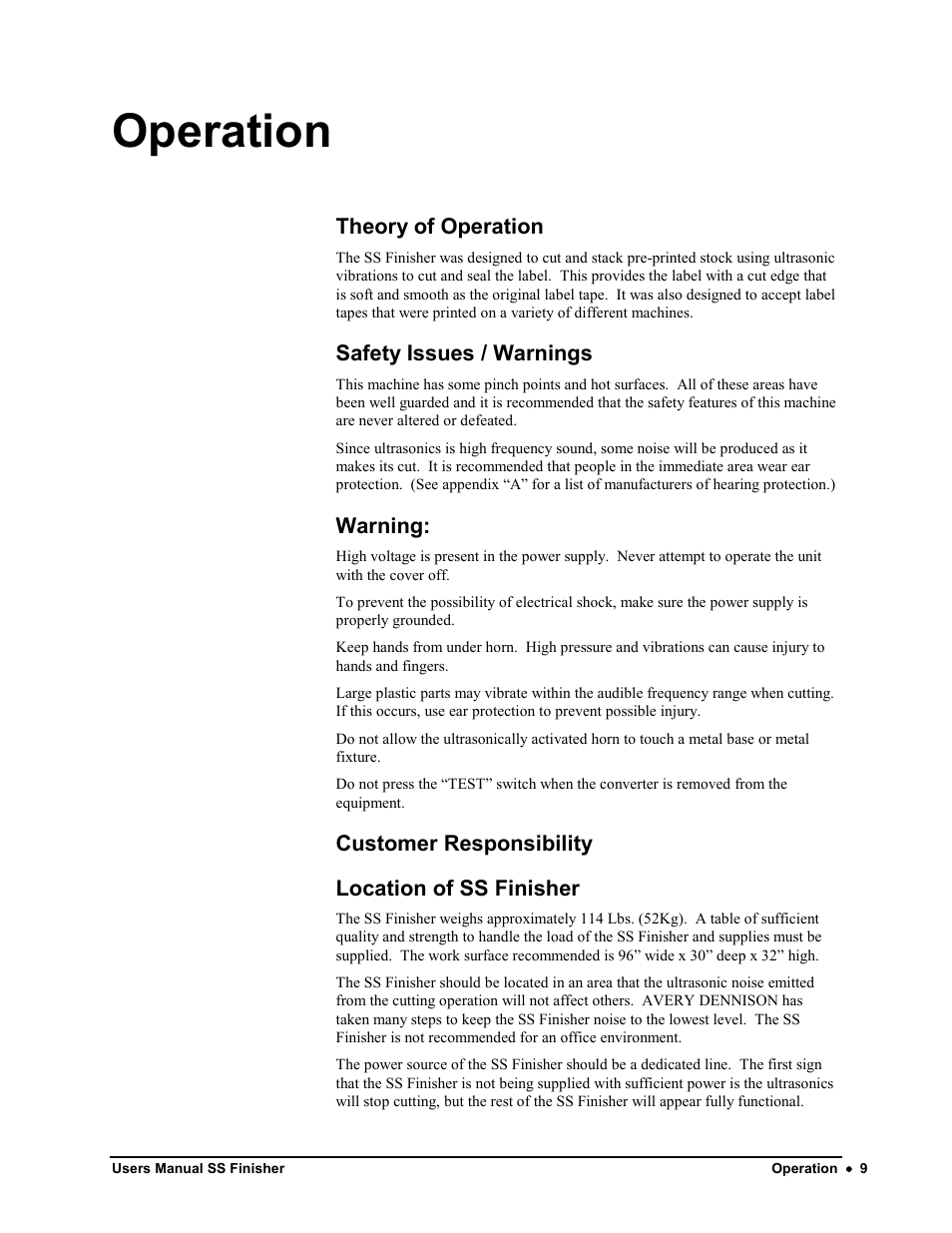 Operation | Avery Dennison SS Finisher User Manual | Page 9 / 65