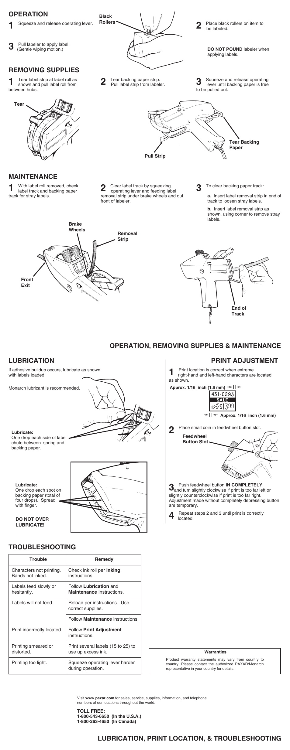 Operation, Removing supplies, Maintenance | Lubrication print adjustment, Troubleshooting, Operation, removing supplies & maintenance, Lubrication, print location, & troubleshooting | Avery Dennison 1115 Monarch User Manual | Page 2 / 2