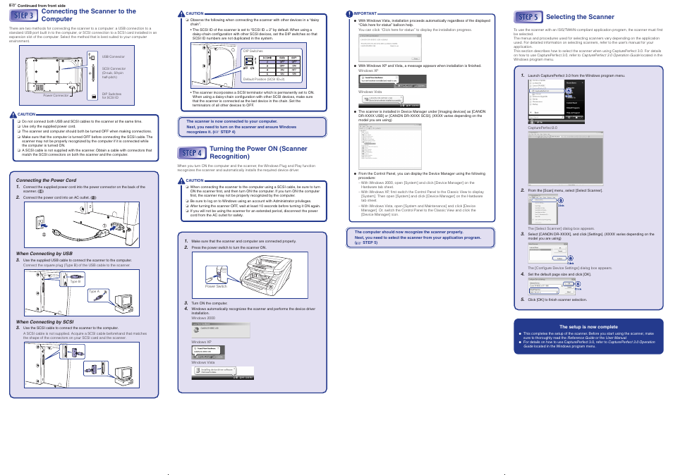 Connecting the scanner to the computer, Turning the power on (scanner recognition), Selecting the scanner | Canon DR-6050C User Manual | Page 2 / 2