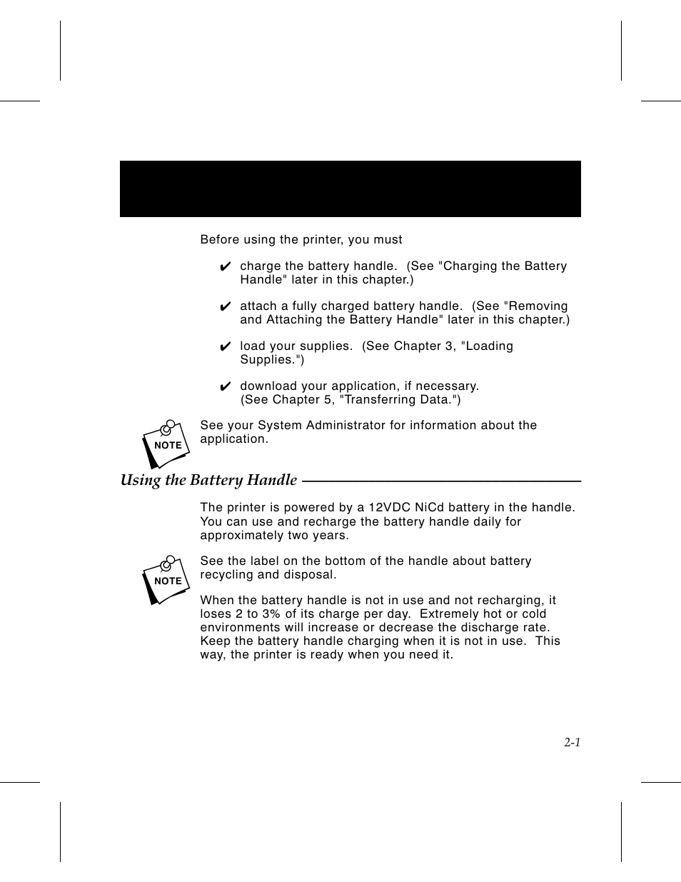 Chapter 2. getting started 2-1, Using the battery handle 2-1, Chapter 2. getting started | Avery Dennison 6030 Operator Handbook User Manual | Page 11 / 92