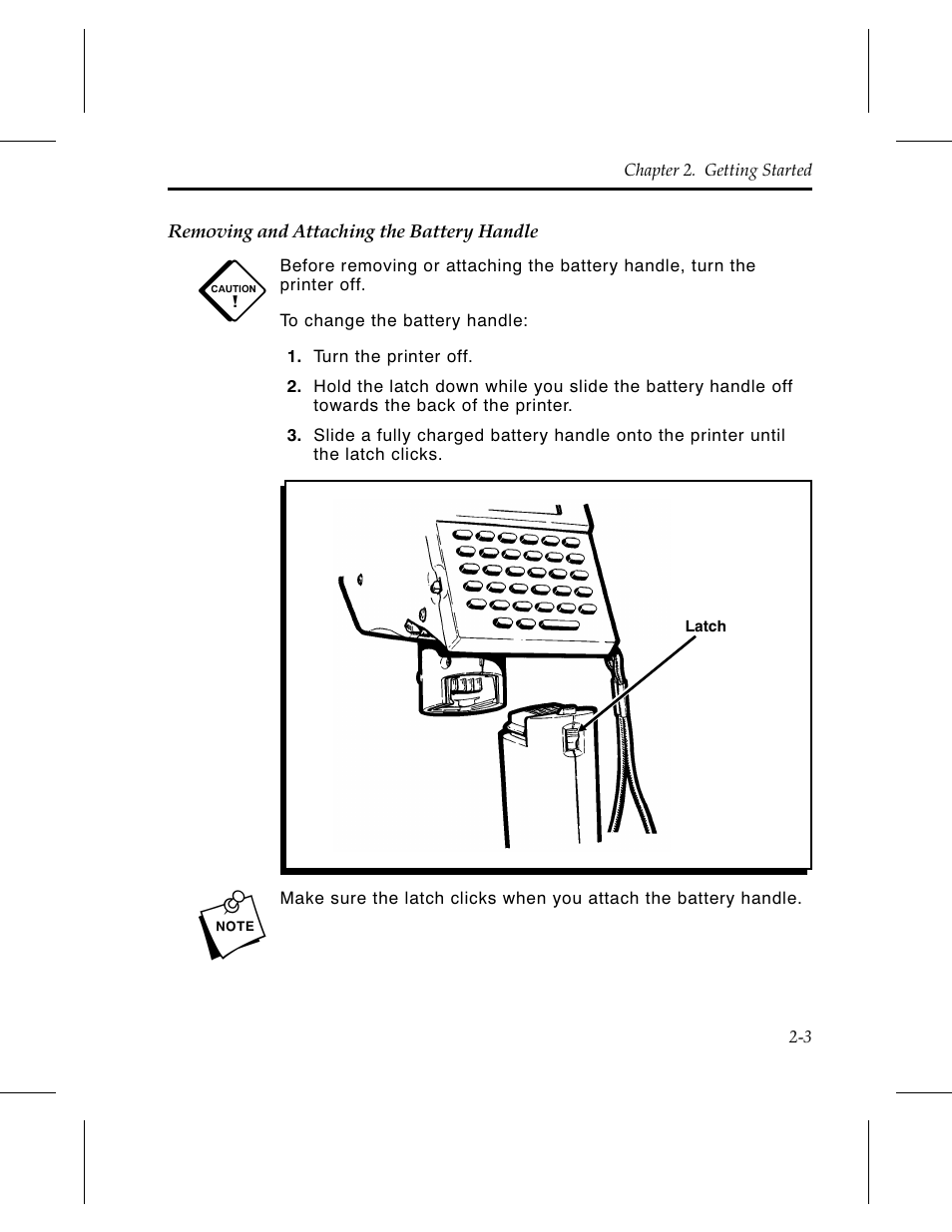 Removing and attaching the battery handle 2-3 | Avery Dennison 6030 Operator Handbook User Manual | Page 13 / 92
