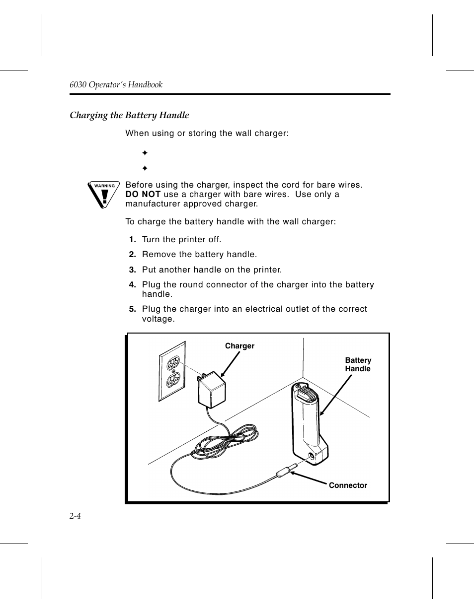 Charging the battery handle 2-4 | Avery Dennison 6030 Operator Handbook User Manual | Page 14 / 92