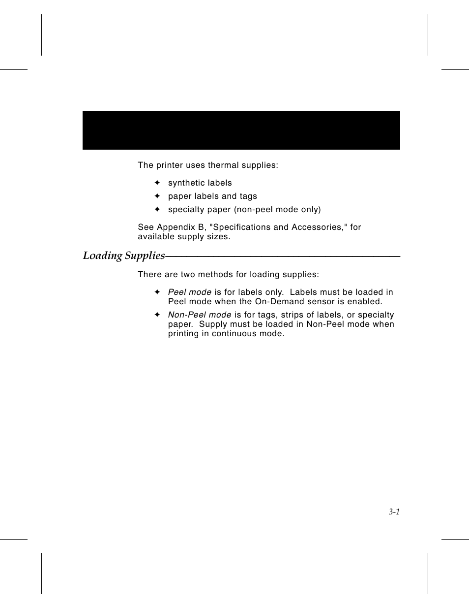 Chapter 3. loading supplies 3-1, Loading supplies 3-1, Chapter 3. loading supplies | Avery Dennison 6030 Operator Handbook User Manual | Page 15 / 92