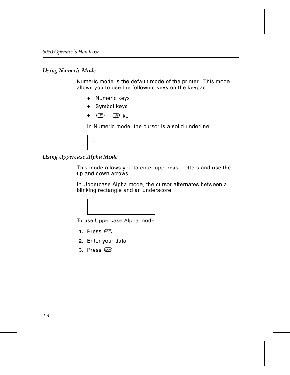 Using numeric mode 4-4, Using uppercase alpha mode 4-4 | Avery Dennison 6030 Operator Handbook User Manual | Page 30 / 92