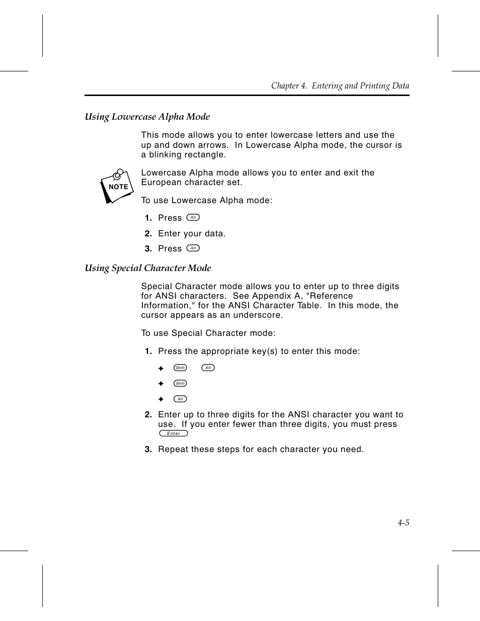 Using lowercase alpha mode 4-5, Using special character mode 4-5 | Avery Dennison 6030 Operator Handbook User Manual | Page 31 / 92