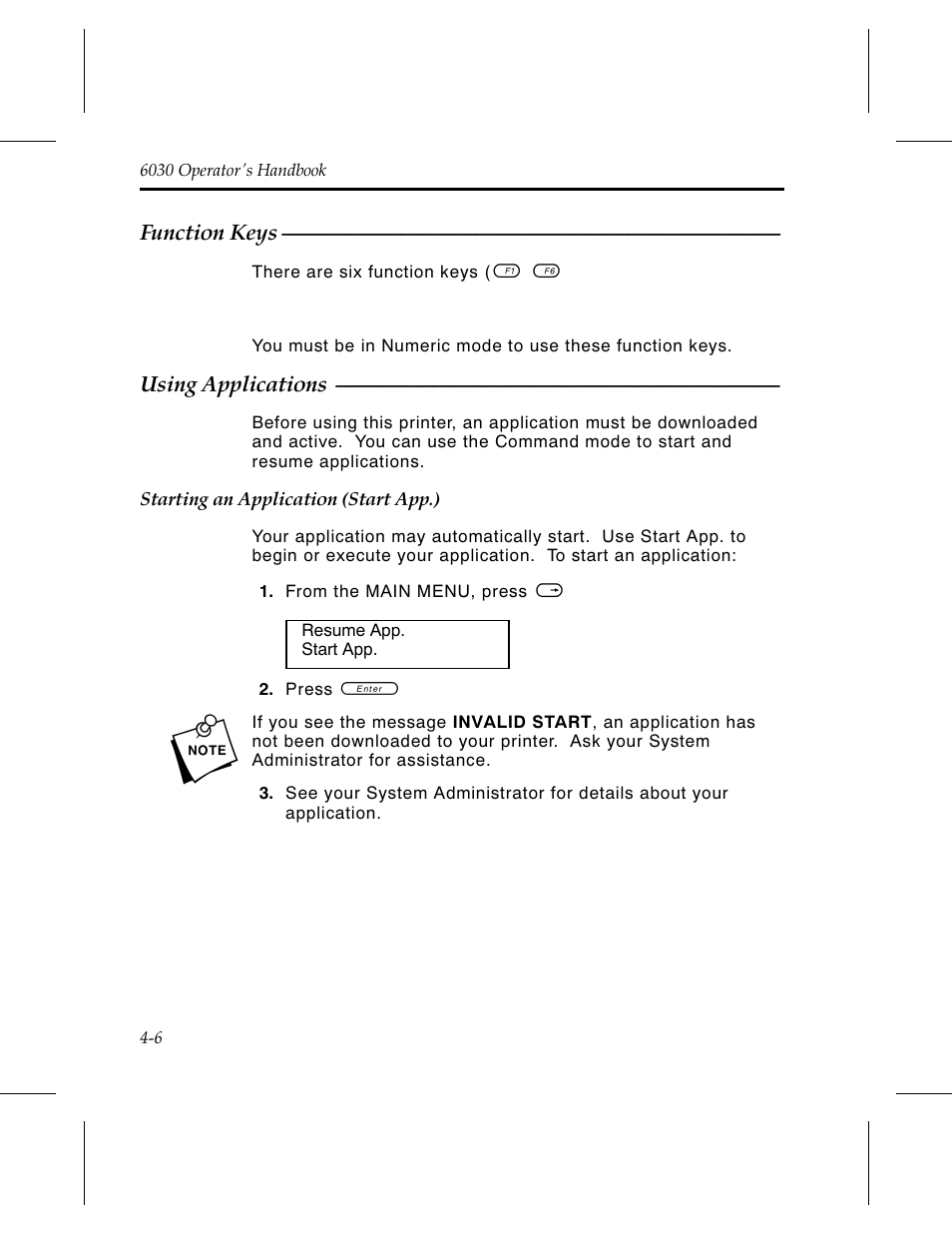 Function keys 4-6, Using applications 4-6, Starting an application (start app.) 4-6 | Avery Dennison 6030 Operator Handbook User Manual | Page 32 / 92