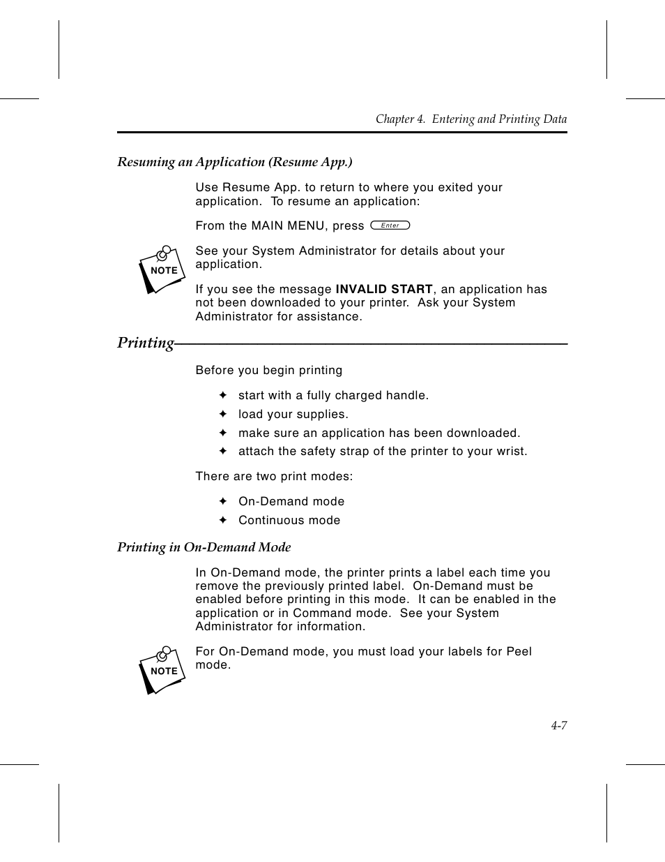 Resuming an application (resume app.) 4-7, Printing 4-7, Printing in on-demand mode 4-7 | Avery Dennison 6030 Operator Handbook User Manual | Page 33 / 92