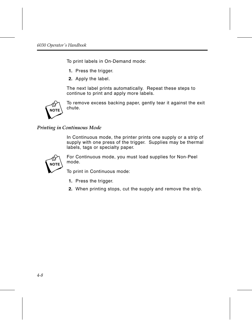 Printing in continuous mode 4-8 | Avery Dennison 6030 Operator Handbook User Manual | Page 34 / 92