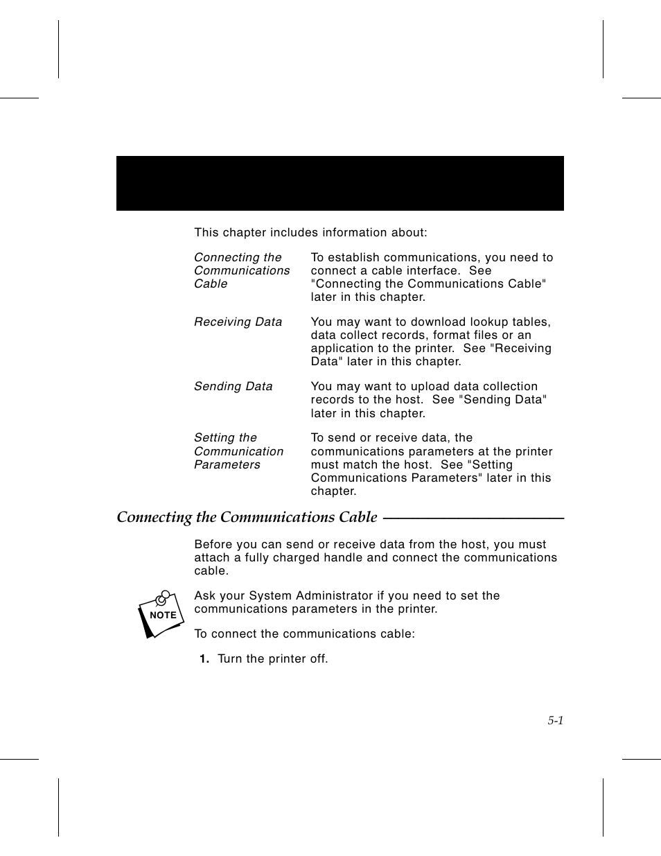 Chapter 5. transferring data 5-1, Connecting the communications cable 5-1, Chapter 5. transferring data | Avery Dennison 6030 Operator Handbook User Manual | Page 35 / 92