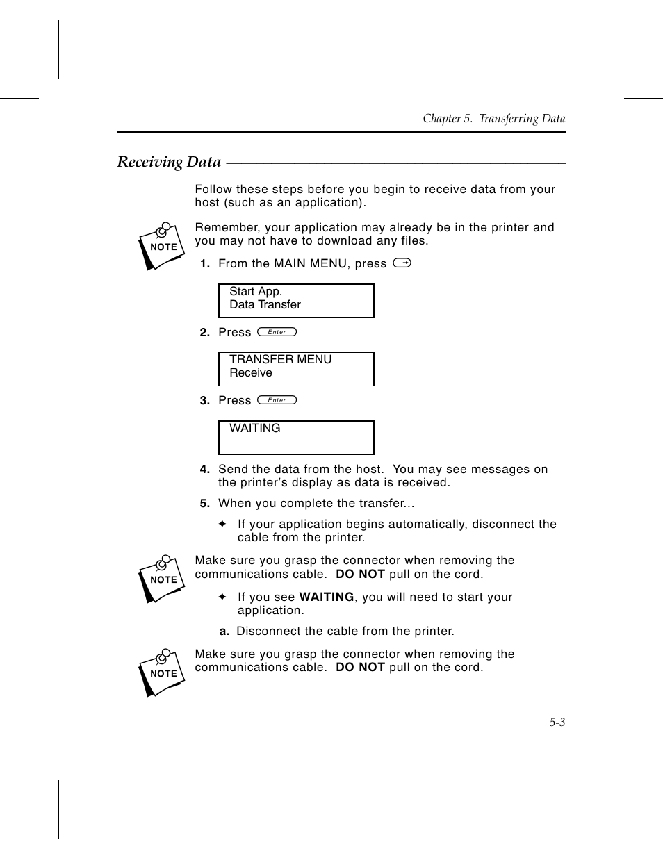 Receiving data 5-3 | Avery Dennison 6030 Operator Handbook User Manual | Page 37 / 92