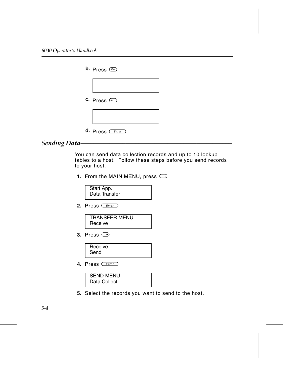 Sending data 5-4, Sending data | Avery Dennison 6030 Operator Handbook User Manual | Page 38 / 92