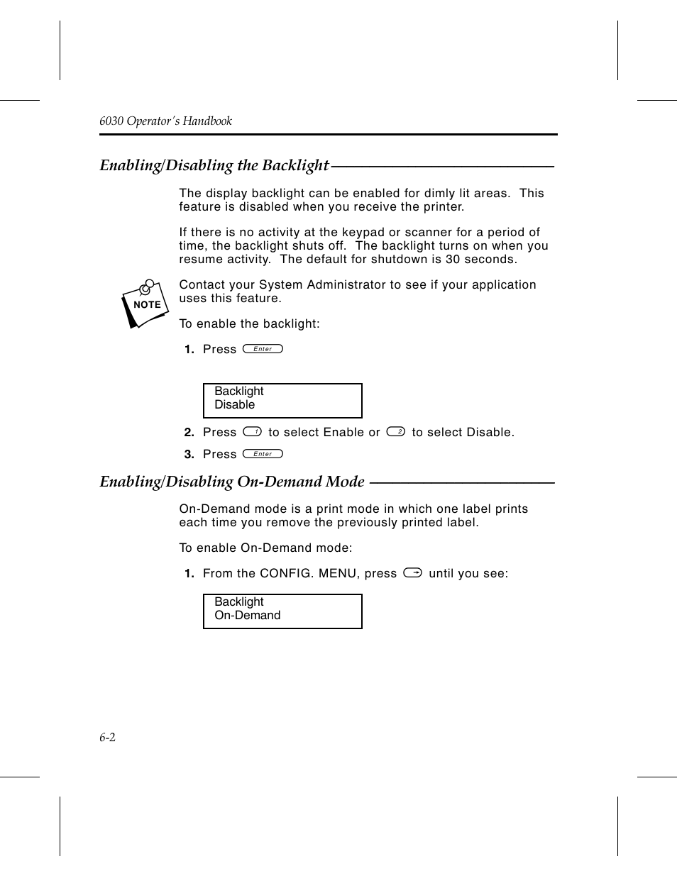 Enabling/disabling the backlight 6-2, Enabling/disabling on-demand mode 6-2 | Avery Dennison 6030 Operator Handbook User Manual | Page 42 / 92