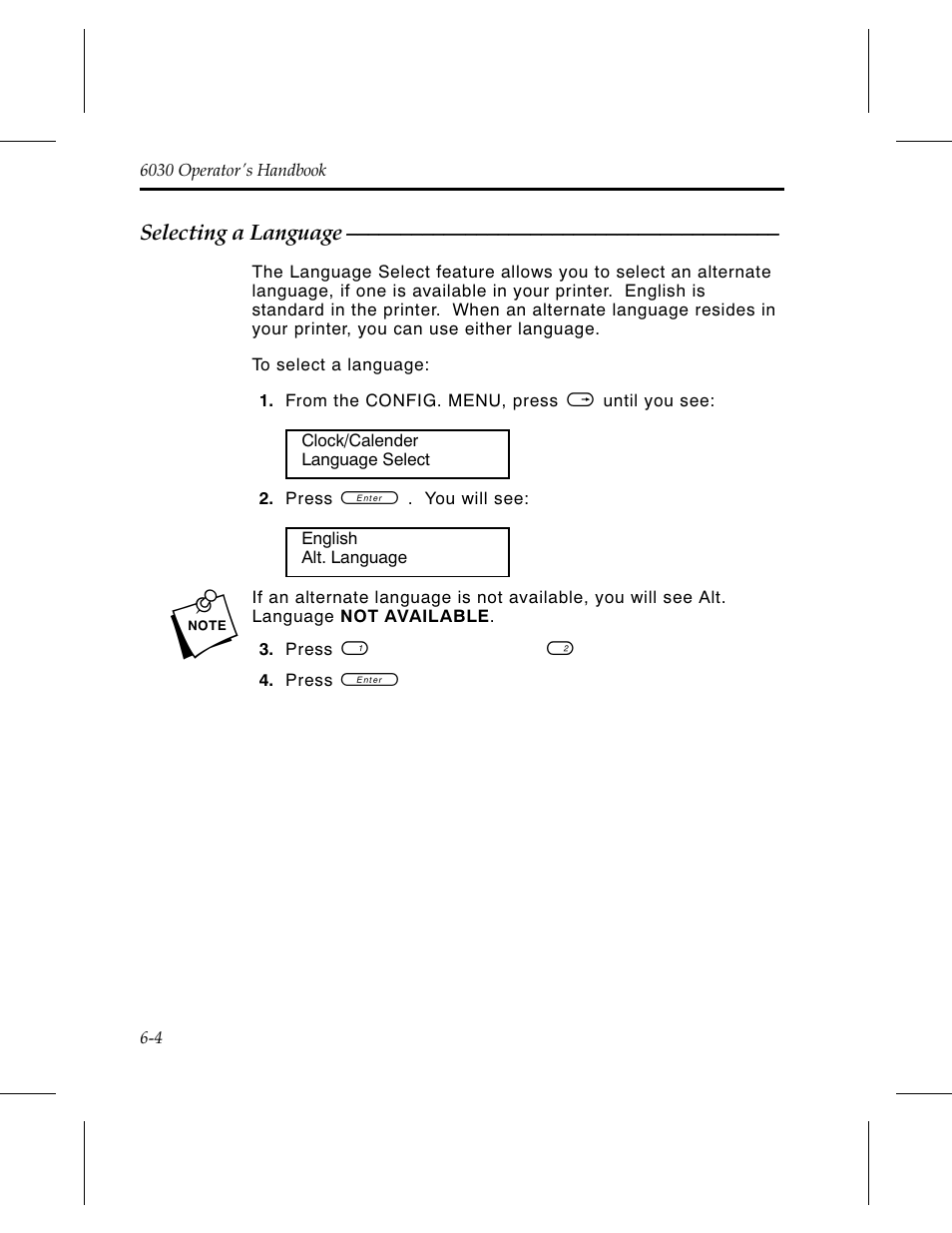 Selecting a language 6-4 | Avery Dennison 6030 Operator Handbook User Manual | Page 44 / 92