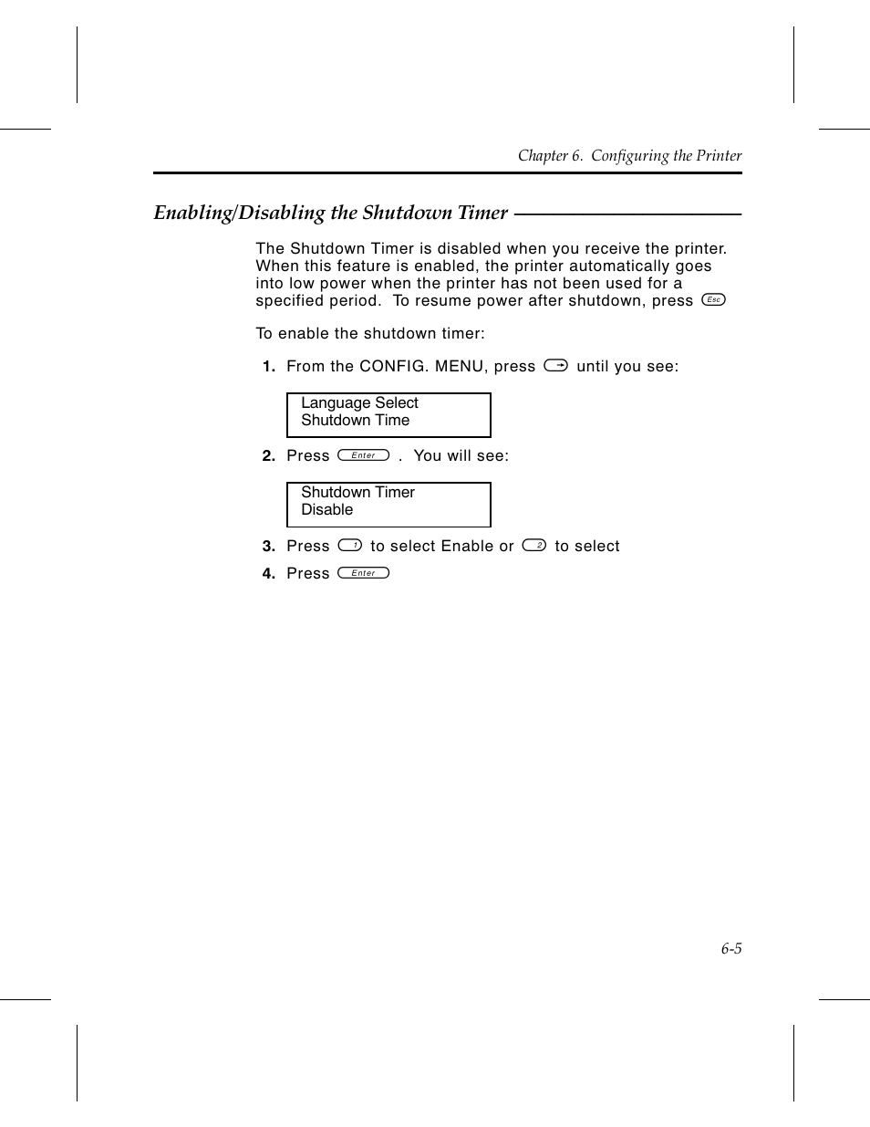 Enabling/disabling the shutdown timer 6-5, Enabling/disabling the shutdown timer | Avery Dennison 6030 Operator Handbook User Manual | Page 45 / 92