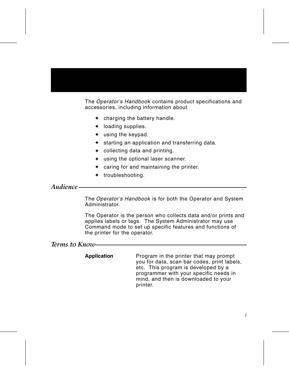 Audience i-i, Terms to know i-i, Preface | Audience, Terms to know | Avery Dennison 6030 Operator Handbook User Manual | Page 5 / 92