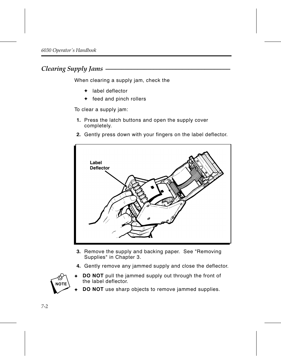 Clearing supply jams 7-2 | Avery Dennison 6030 Operator Handbook User Manual | Page 50 / 92