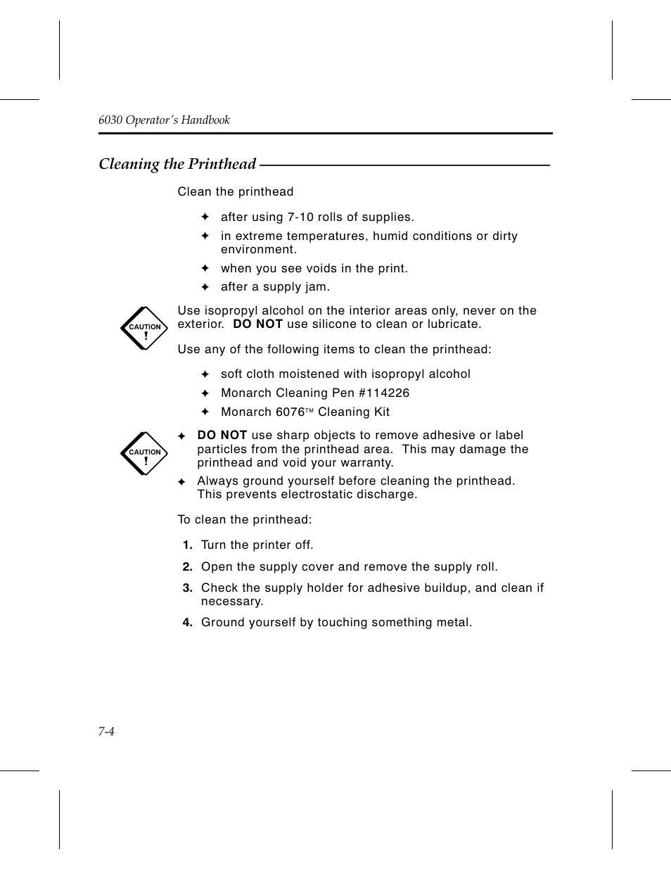 Cleaning the printhead 7-4 | Avery Dennison 6030 Operator Handbook User Manual | Page 52 / 92